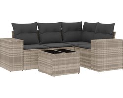 vidaXL - 5-delige - Loungeset - met - kussens - poly - rattan - lichtgrijs