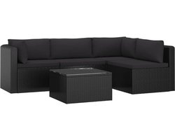 vidaXL - 5-delige - Loungeset - met - kussens - poly - rattan - zwart