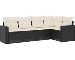 vidaXL - 5-delige - Loungeset - met - kussens - poly - rattan - zwart