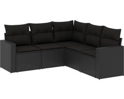 vidaXL - 5-delige - Loungeset - met - kussens - poly - rattan - zwart