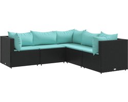 vidaXL - 5-delige - Loungeset - met - kussens - poly - rattan - zwart