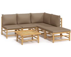 vidaXL - 6-delige - Loungeset - met - kussens - bamboe - taupe