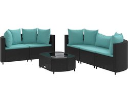 vidaXL - 6-delige - Loungeset - met - kussens - poly - rattan - zwart