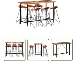 vidaXL 7-delige Barset massief gerecycled hout en echt leer - Bartafel - Houten Bartafel - Industriele Meubels - Vintage Meubels - Geitenleer