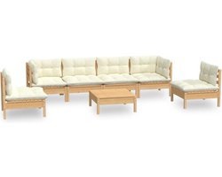 vidaXL - 7-delige - Loungeset - met - crèmekleurige - kussens - massief - grenenhout