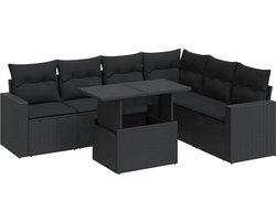 vidaXL - 7-delige - Loungeset - met - kussens - poly - rattan - zwart
