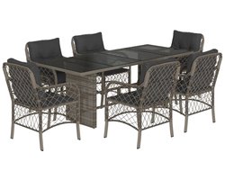 vidaXL 7-delige Tuinset - Poly Rattan - Grijs Tuinstoel - Buitenshuis Dineren - Lounge Set - Teak Meubel - Outdoor Furniture