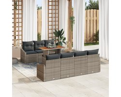 vidaXL - 8-delige - eetset - voor - in - de - tuin - met - kussens - - - Grijs - Poly - Rattan - en - Acacia