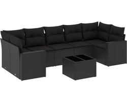 vidaXL - 8-delige - Loungeset - met - kussens - poly - rattan - zwart