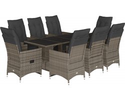 vidaXL - 9-delige - Bistroset - met - kussens - poly - rattan - grijs