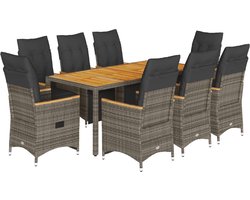vidaXL - 9-delige - Bistroset - met - kussens - poly - rattan - grijs