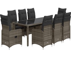 vidaXL - 9-delige - Bistroset - met - kussens - poly - rattan - grijs