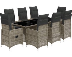 vidaXL - 9-delige - Bistroset - met - kussens - poly - rattan - grijs