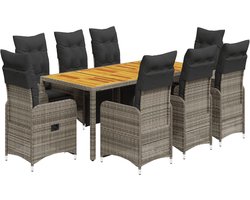 vidaXL - 9-delige - Bistroset - met - kussens - poly - rattan - grijs