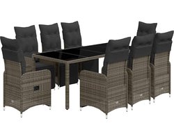vidaXL - 9-delige - Bistroset - met - kussens - poly - rattan - grijs
