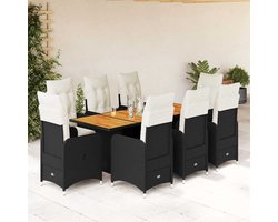 vidaXL 9-delige Bistroset zwart met kussens Tuinmeubel - Bistroset - Lounge Set - Buitendecoratie - Outdoor Living - Patio Furniture - Garden Chairs - Dining Set - Relaxen Buiten - Eetkamerset - Veranda Meubel