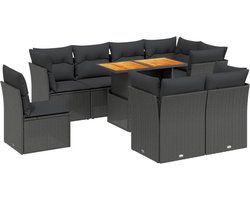 vidaXL - 9-delige - Loungeset - met - kussens - poly - rattan - zwart