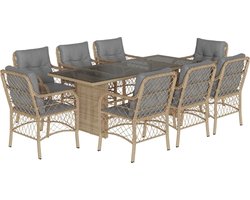 vidaXL - 9-delige - Tuinset - met - kussens - poly - rattan - gemengd - beige
