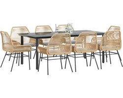 vidaXL - 9-delige - Tuinset - met - kussens - poly - rattan - glas - bruin
