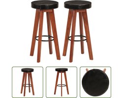 vidaXL Acacia Hout - Barkrukken - Barkrukken 2 st echt leer en massief acaciahout - Lederen Bankstoel - Zwarte Barkruk - Bruine Barkruk