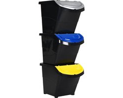 vidaXL - Afvalbakken - met - deksels - stapelbaar - 3 - st - PP - 78 - L - zwart