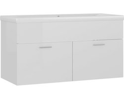 vidaXL Badkamerspiegel - Wastafelkast - Wastafelkast met ingebouwde wastafel bewerkt hout hoogglans wit - Badkamermeubilair - Houten Wastafel - Witte Wastafel