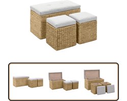 vidaXL Bankje met 2 poefs - Zeegras - Grijs Bankje - Zeegras - Landelijke Stijl - Grijs - Lounge