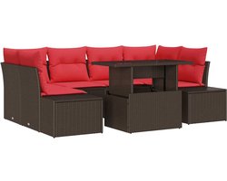 vidaXL - Bankstel - met - kussen - 7 - pcs - Bruin - en - Rood - poly - rattan