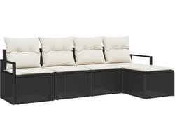 vidaXL - Bankstel - met - kussen - met - opslag - 5 - pcs - Zwart - en - Crème - poly - rattan