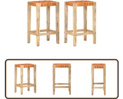 vidaXL Barkrukken 2 st - Echt Leer - Bruin - 75 cm Barstooll - Barkrukken - Eetkamerstoelen - Lederen Stoel - Mango Wood Furniture