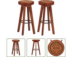 vidaXL - Barkrukken - 2 - st - echt - leer - en - massief - acaciahout