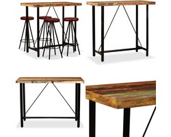 vidaXL Barset massief gerecycled hout en echt leer 5-delig - Bar Set - Bar Sets - Bar Tafel En Kruk - Bar Tafels En Krukken