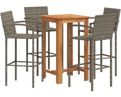 vidaXL Bartafel - Bartafels - Statafel - Hoge Tafel - 5-delige Tuinbarset massief acaciahout en poly rattan grijs