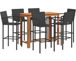 vidaXL Bartafel - Bartafels - Statafel - Hoge Tafel - 7-delige Tuinbarset massief acaciahout en poly rattan zwart