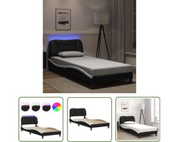 vidaXL Bed Frame - Slaapkamers - Bedframe met LED zonder matras Hvar kunstleer zwart en wit 90x200 cm - Led Lamp - Zwarte Bedbank - Witte Bedbank