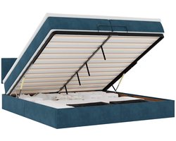 vidaXL - Bed - poef - met - matrassen - en - leds - 200x200 - cm - fluweel - donkerblauw