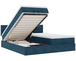 vidaXL - Bed - poef - met - matrassen - en - leds - 200x200 - cm - fluweel - donkerblauw