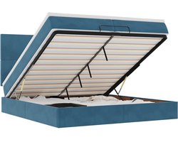 vidaXL - Bed - poef - met - matrassen - en - leds - 200x200 - cm - fluweel - donkerblauw