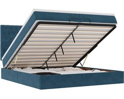 vidaXL - Bed - poef - met - matrassen - en - leds - 200x200 - cm - fluweel - donkerblauw
