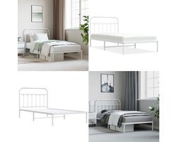 vidaXL - Bedframe - met - hoofdbord - metaal - wit - 107x203 - cm