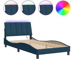 vidaXL - Bedframe - met - LED - zonder - matras - "Hanko" - - fluweel - blauw - 100x200 - cm