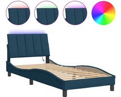 vidaXL - Bedframe - met - LED - zonder - matras - "Hanko" - - fluweel - blauw - 90x200 - cm