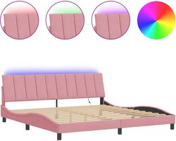 vidaXL - Bedframe - met - LED - zonder - matras - "Hanko" - - fluweel - roze - 200x200 - cm