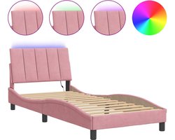 vidaXL - Bedframe - met - LED - zonder - matras - "Hanko" - - fluweel - roze - 80x200 - cm