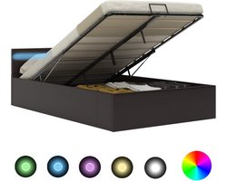 vidaXL - Bedframe - met - opslag - hydraulisch - LED - kunstleer - grijs - 140x200 - cm