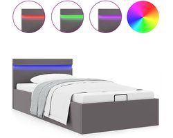 vidaXL - Bedframe - met - opslag - hydraulisch - LED - kunstleer - grijs - 90x200 - cm