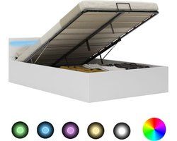 vidaXL - Bedframe - met - opslag - hydraulisch - LED - kunstleer - wit - 140x200 - cm