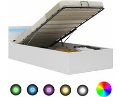 vidaXL - Bedframe - met - opslag - hydraulisch - LED - kunstleer - wit - 90x200 - cm