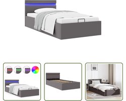 vidaXL Bedframe - Slaapkamers - Bedframe met opslag hydraulisch LED kunstleer grijs 90x200 cm - Kunstlederen Bed - Led Licht - Opbergruimte