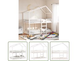 vidaXL Bedhuis - Stapelbed - Stapelbed met dak massief grenenhout wit 90x200 cm - Houten Bed - Kids Bed - Kinderbed